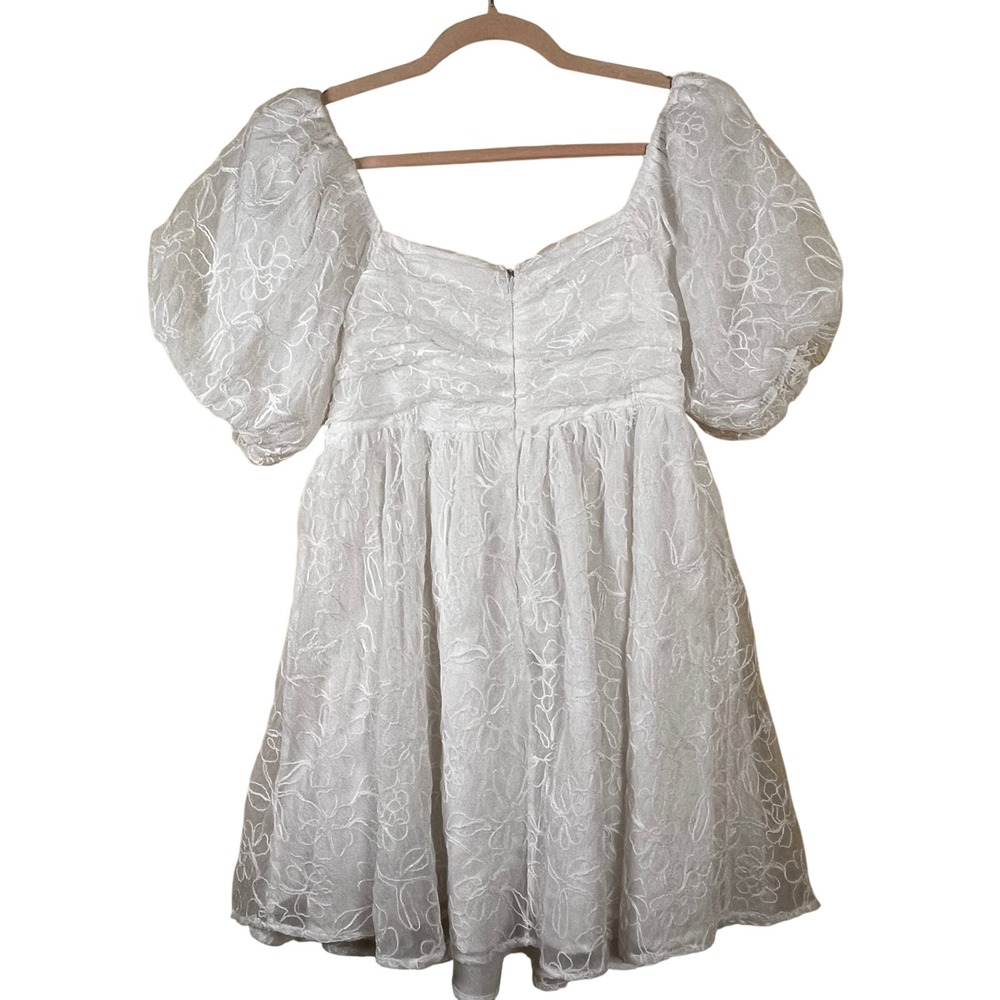 White Floral Organza Puff Sleeve Babydoll Mini Dress S Square Neck Fairy Whimsy